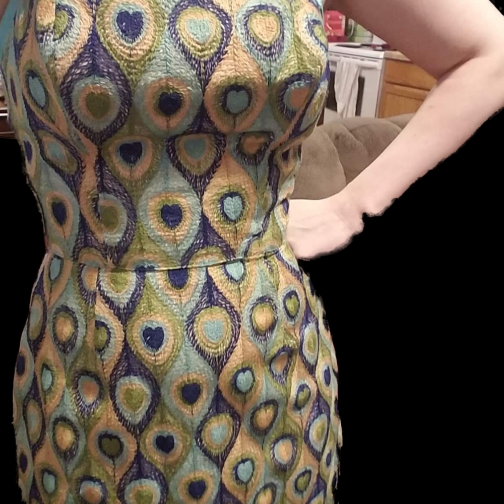 Vintage 1950s Rare Designer Carolyn Schnurer Peacock Wiggle Dress